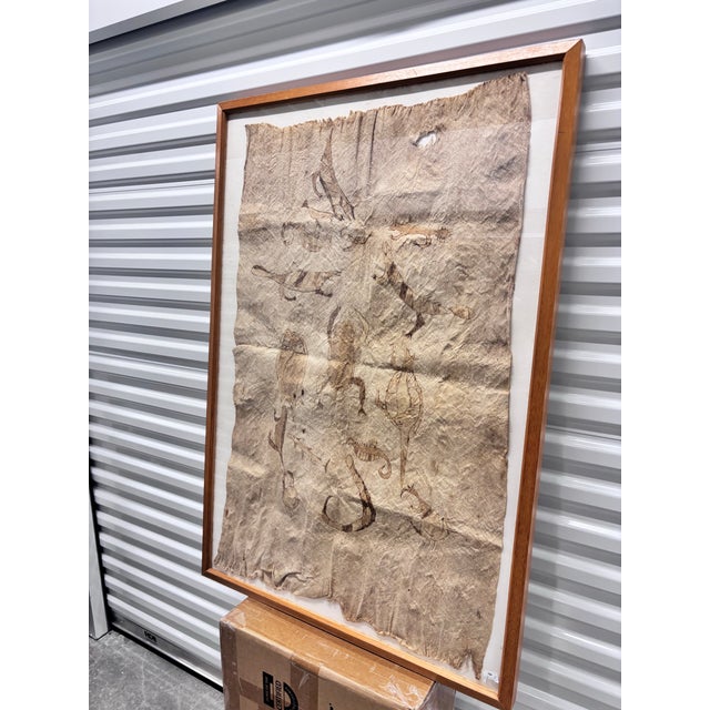 Tan Vintage Indigenous Amazonian Bark Fiber Painting, Traditionally Crafted From Beaten Tree Bark with Natural Pigment Drawings of Local Fauna For Sale - Image 8 of 12