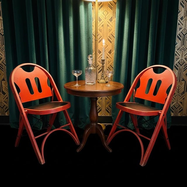 Pair 1920s-30s Rastetter Solid Kumfort Folding Chairs-Art Deco-Antique-Red Wood For Sale - Image 12 of 12