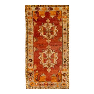 Vintage Orange Khotan Handmade Medallion Motif Gallery Wool Rug For Sale