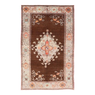 Vintage Latch Hook Design Turkish Oushak Rug in Chocolate Brown, Taupe, Gray and Burnt Orange For Sale