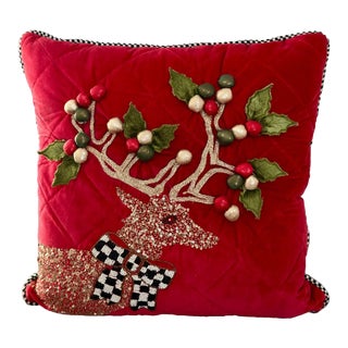 Mackenzie-Childs Beaded Velvet Courtly Check Christmas Stag Pillow For Sale