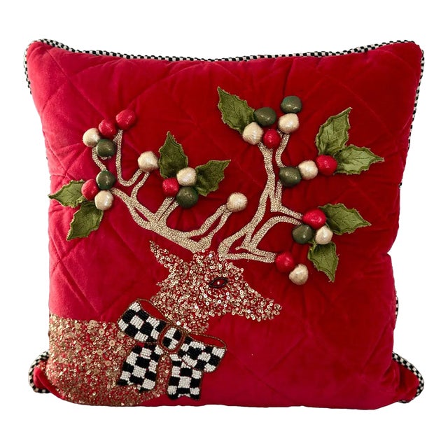 Mackenzie-Childs Beaded Velvet Courtly Check Christmas Stag Pillow For Sale