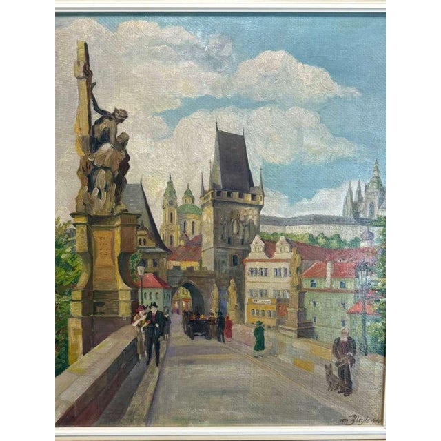 Signed Oil on Wood – View of Charles Bridge, “von Bleyle”, 1940 : This is a beautifully preserved oil painting depicting...
