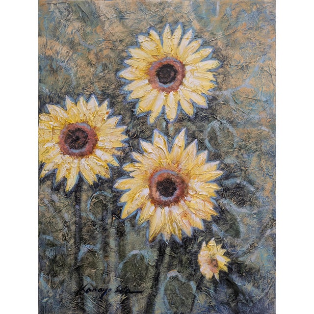 Mid - Sized Framed Textured Sunflower Painting on Canvas For Sale - Image 4 of 5