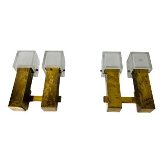 Mid-Century Brass and Ice Glass Wall Lamps, Italy, 1960s - A Pair For Sale