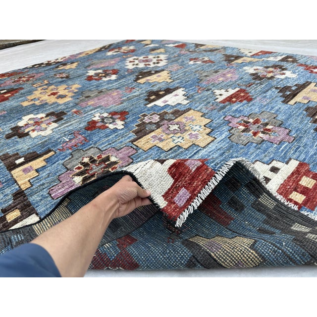 Tribal Blue & Lavender Tribal Kazak Hand-Knotted Wool Area Rug - 8'1" X 9'9" For Sale - Image 3 of 5