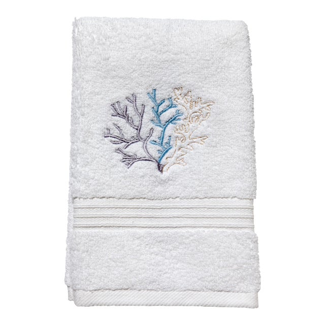 Blue Coral Guest Towelin White Terry, Embroidered For Sale