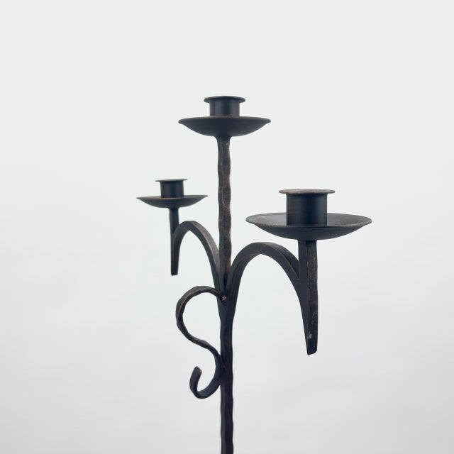 Metal Hand Forged Iron Floor Candelabra 52″ (132cm) Antique Copper Patina 3-Arm Grand Vertical Statement Decor For Sale - Image 7 of 9