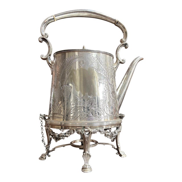 1960s Boardman & Glossop SilverPlate Tilt Top Tea Pot With Stand 15" Tall. Floral, Ferns and Butterflies For Sale