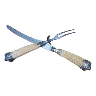 Antique Sterling Silver Antler Stag Horn Cows Head Fork & Knife Meat Carving Set 15" For Sale