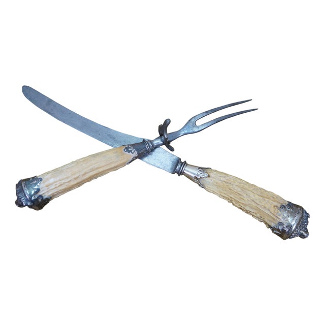 Antique Sterling Silver Antler Stag Horn Cows Head Fork & Knife Meat Carving Set 15" For Sale