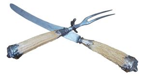 Antique Sterling Silver Antler Stag Horn Cows Head Fork & Knife Meat Carving Set 15"