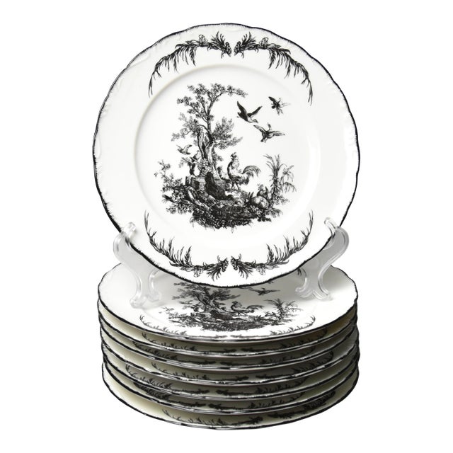 Black & White Toile Rooster Pattern Plates Set of 8 For Sale