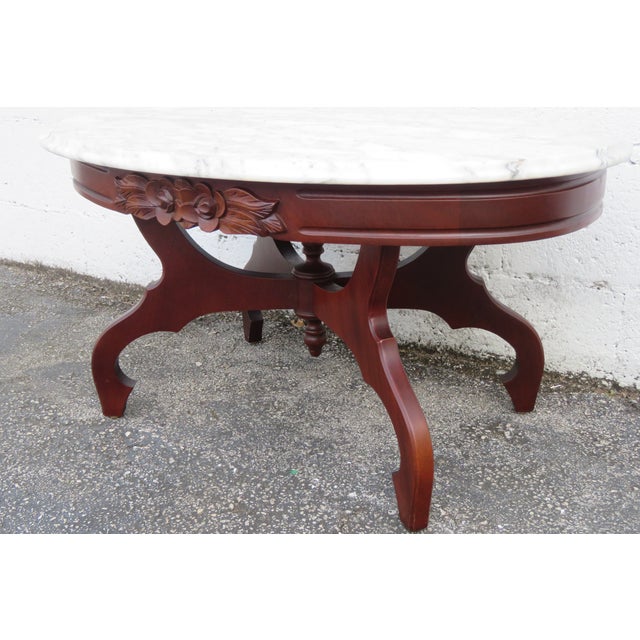 Victorian Mid 20th Century Victorian Style Oval Marble Top Carved Coffee Table For Sale - Image 3 of 13