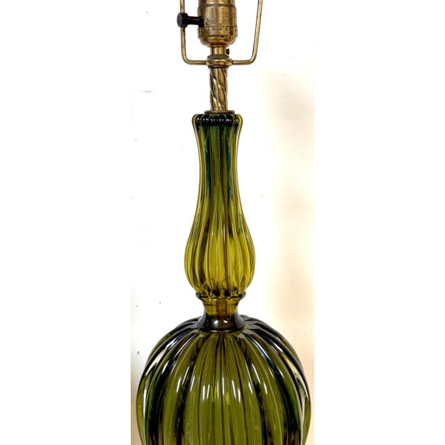 Metal Pair of Barovier & Toso Ribbed Olive Verde Murano Glass Lamps, Circa 1955-1965 For Sale - Image 7 of 18