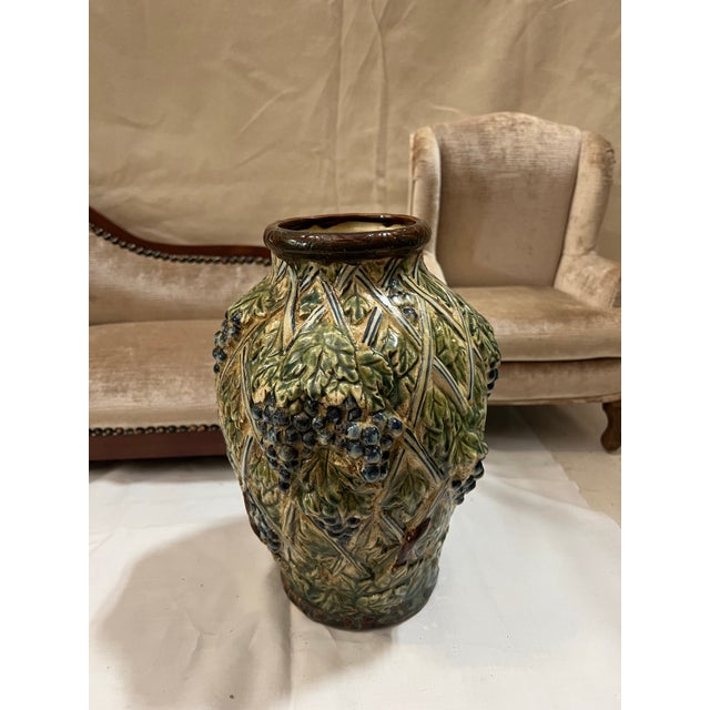 1970s Majolica Style Green Vase Signed For Sale - Image 9 of 10