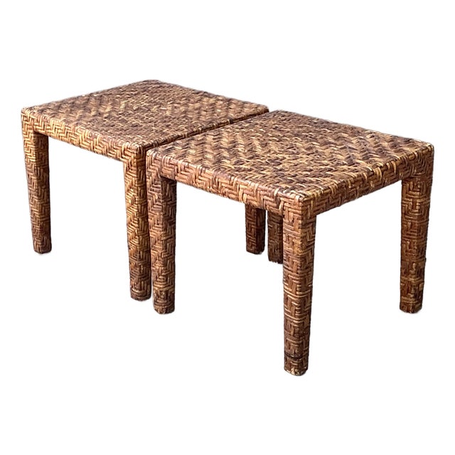 Vintage Woven Rattan Side Tables - A Pair For Sale