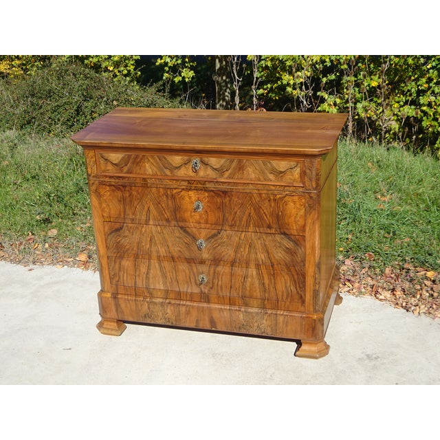 Large French-made chest of drawers, late 19th century. Solid wood frame, walnut top and sides. The front is entirely...