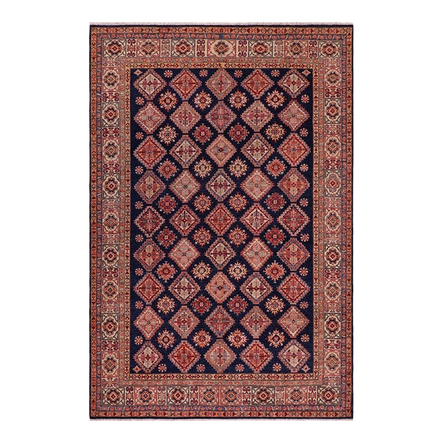 Boho Chic Tribal Super Kazak Blue/Beige Wool Rug - 8'1'' X 9'4'' For Sale