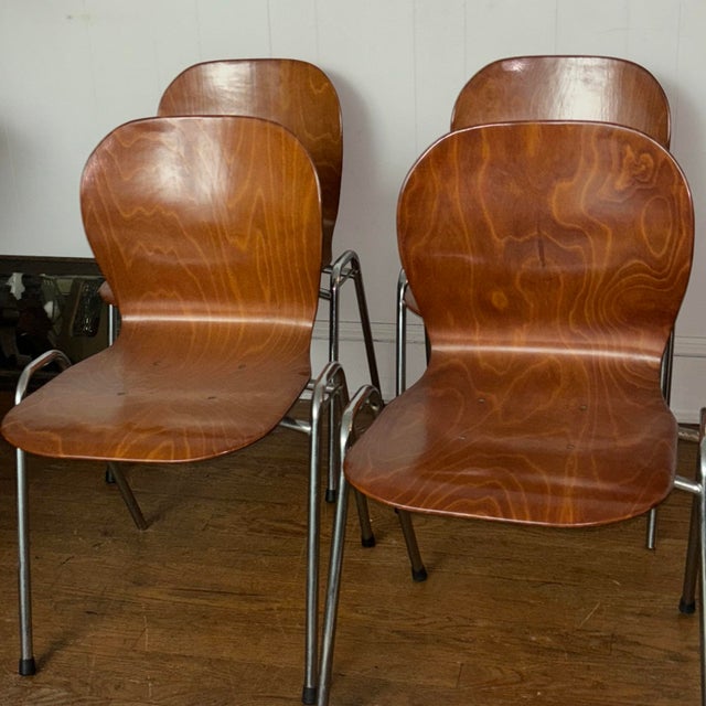 Wood Vintage Bentwood Stacking Chairs – Danish Modern Style, Chrome Frame (Set of 4) For Sale - Image 7 of 11