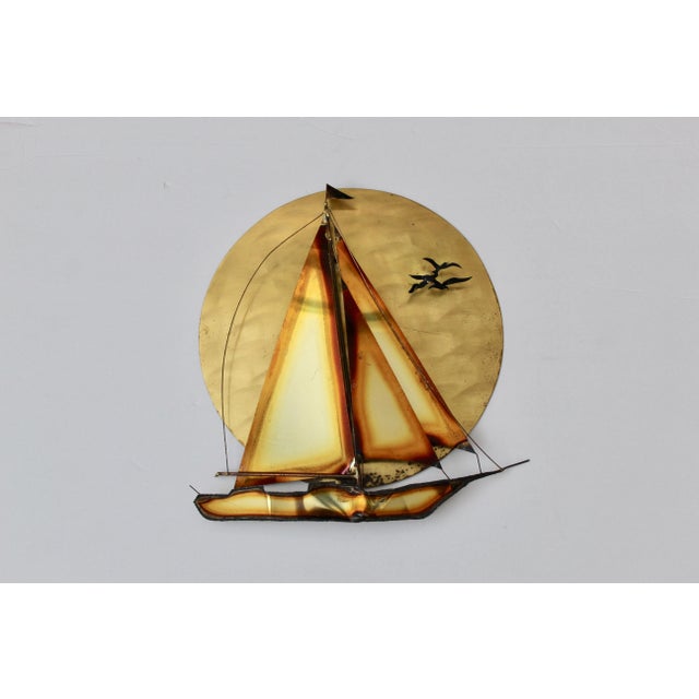 Brass Curtis Jere Style Vintage Mid Century Brass Sun Flying Birds Sailing Boat Wall Decoration Sculpture For Sale - Image 8 of 9