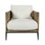 Unique modern club chair with handsome salvaged pine wood frame. Hand hammered iron legs and ivory toned plush cushions....