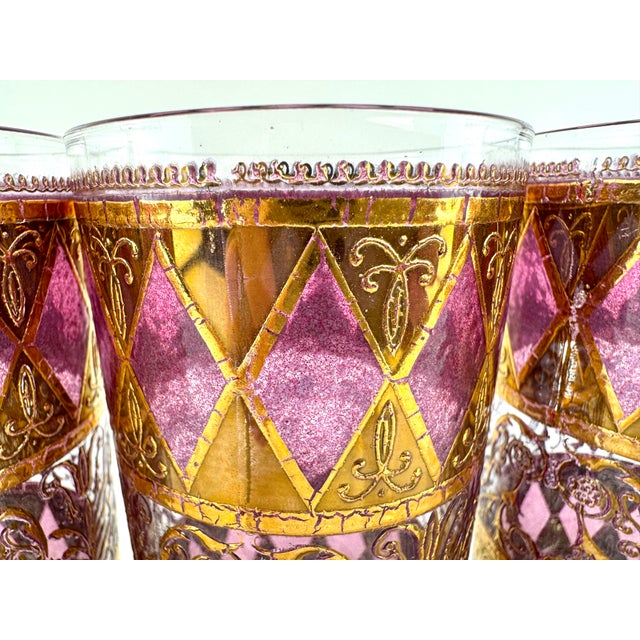 Mid Century West Virginia Glass Company Pink Highball, Regal Amethyst & 22k Gold Harlequin Motif- Set of 7 For Sale - Image 4 of 9