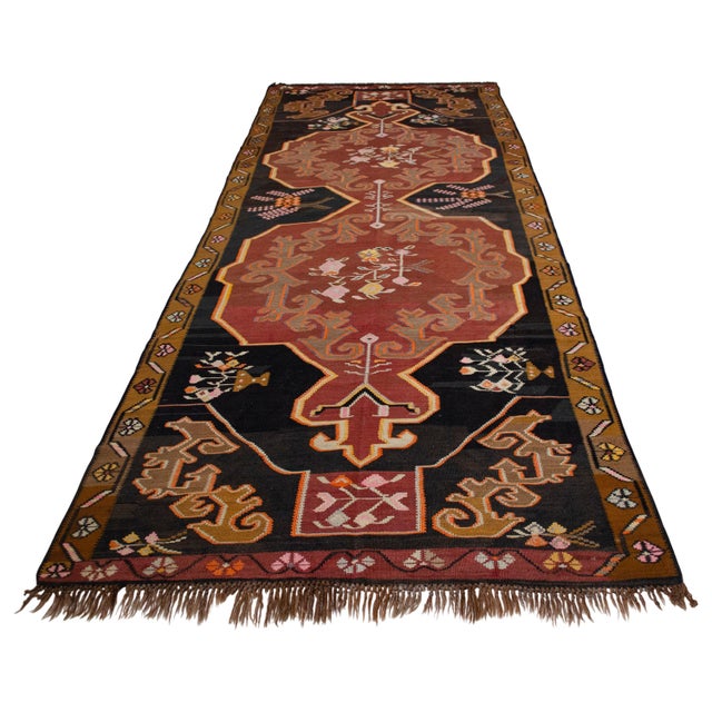 Textile Handwoven Turkish Rug Kilim Muted Earth Tones Long Wide Runner Rug. - 4′9″ X 13′4″ For Sale - Image 7 of 16