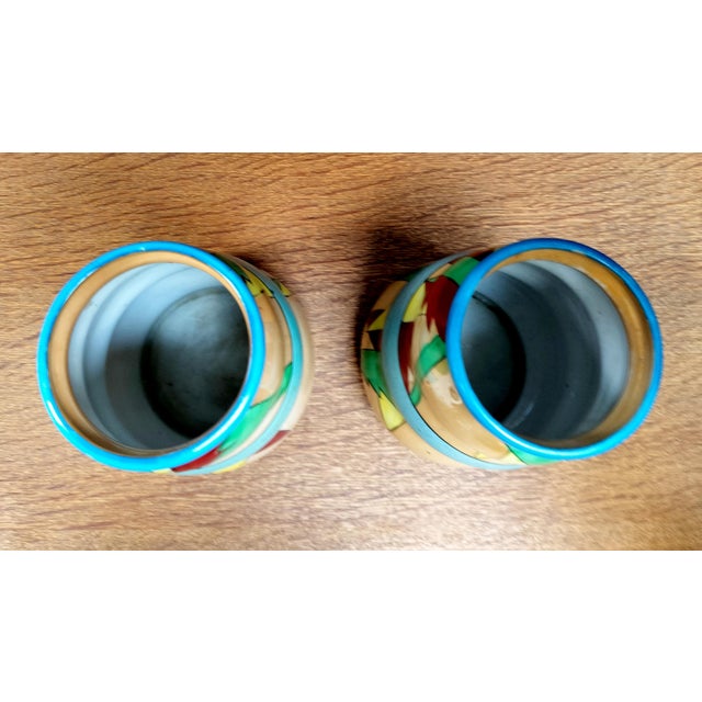 Memphis Group Pair of 1950s Gold Castle Chikusa Japan Hand Painted Colorful Geometric Vases For Sale - Image 4 of 6