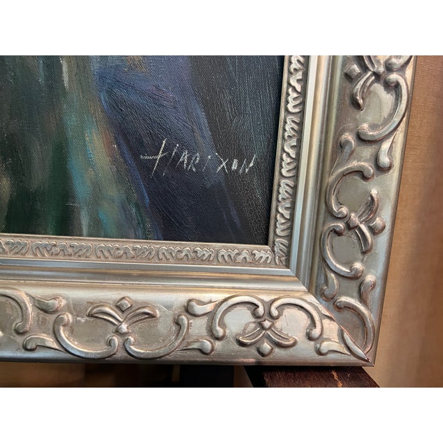 Wood Vintage Oil Painting in Ornate Silver Frame For Sale - Image 7 of 18
