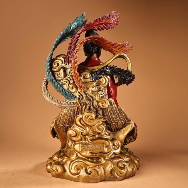 Traditional Vintage Painted Bronze Sculpture of Goddess With Phoenix, Gilded & Polychrome Relief Statue For Sale - Image 3 of 9