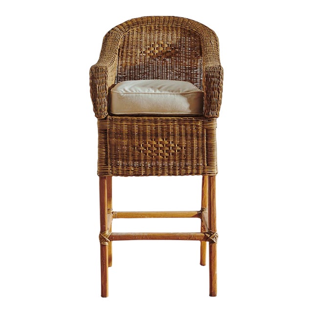 Handwoven Malawi Cane Bar Stool in Classic Weave With White Linen Cushion For Sale