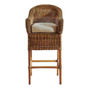 Handwoven Malawi Cane Bar Stool in Classic Weave With White Linen Cushion