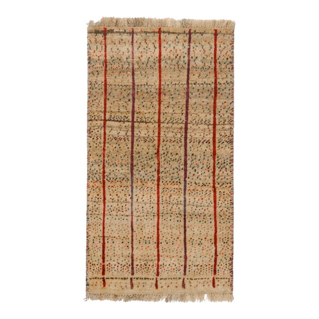1950s Vintage Gabbeh Tribal Rug in Beige-Brown, Red Stripes and Colorful Dots For Sale