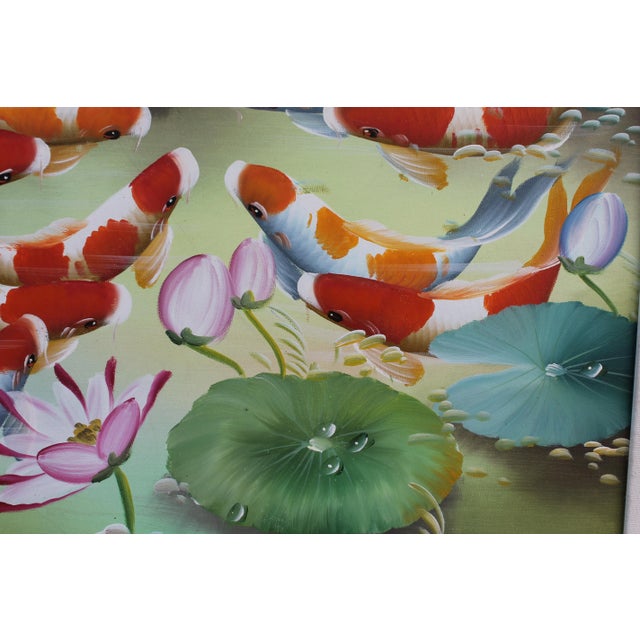 1980s Vintage Colorful Acrylic Hand Painted Koi Fish Framed & Matte Painting For Sale - Image 5 of 8