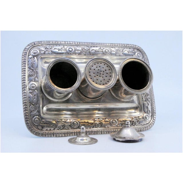 Silver Inkwell with Three Containers and Chiseled Tray on Support with Four Zoomorphic Feet For Sale - Image 4 of 9