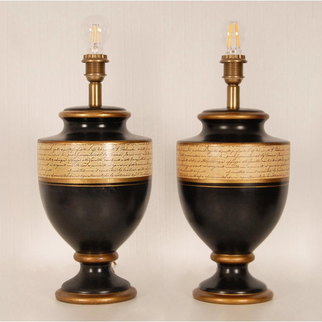 Mid 20th Century Vintage French Lamps Ceramic Baluster Vase Lamps Black Gold Cream - A Pair For Sale - Image 5 of 10