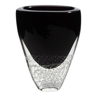 Hand Blown Murano Vase in Black Onyx and Clear With Bubbles For Sale