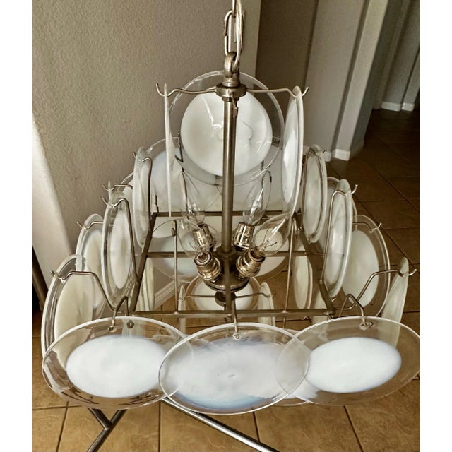 Metal Vistosi Murano Clear & White Disc Chandelier For Sale - Image 7 of 12