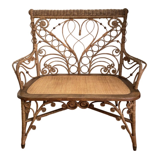 Antique American Victorian Wicker and Cane Courting Bench Chair Settee For Sale