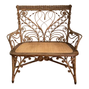Antique American Victorian Wicker and Cane Courting Bench Chair Settee