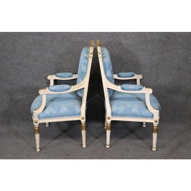 French Carved Painted and Gilded Armchairs Blue Silk - A Pair For Sale - Image 11 of 12