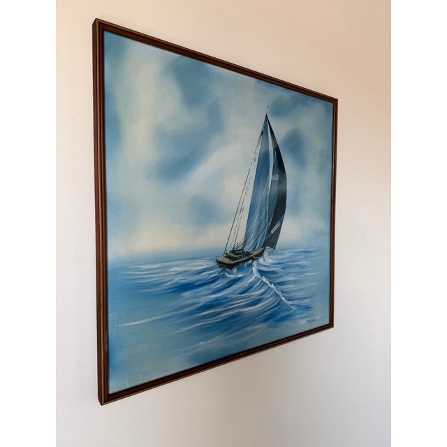 Mid-Century Modern 1970s Mid-Century Sailboat Seascape Acrylic on Canvas Painting by Matson For Sale - Image 3 of 13