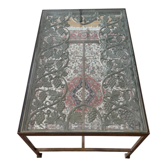 Vintage Wrought Iron Grapevine Coffee Table With Glass Top For Sale