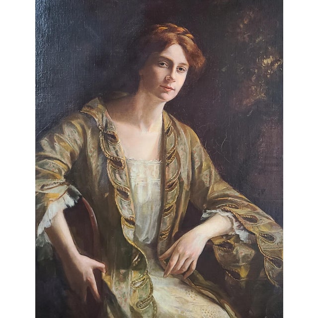 Original oil painting by Chicago artist Carol Aus (1878-1934) depicting an elegant woman in a silk gown. The artist,...