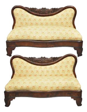 Mid 19th Century Antique American Empire Cornucopia Carved Mahogany Slipper Bench - a Pair