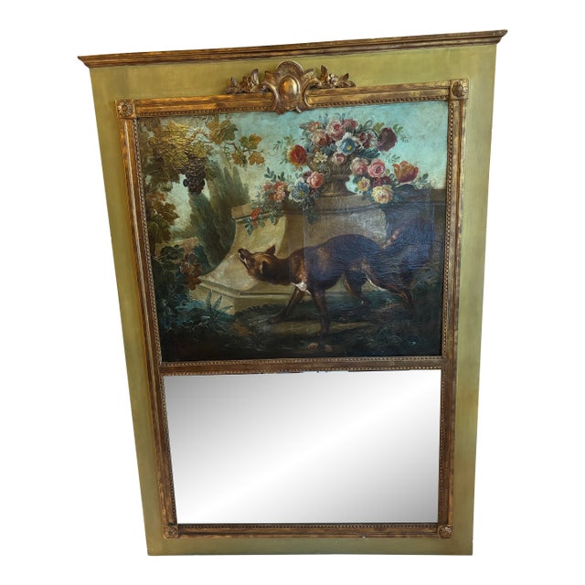 19th Century French Napoleon III Trumeau Mirror With Aesop’s “The Fox and the Grapes” Oil Painting, C. 1860 [Ks] For Sale