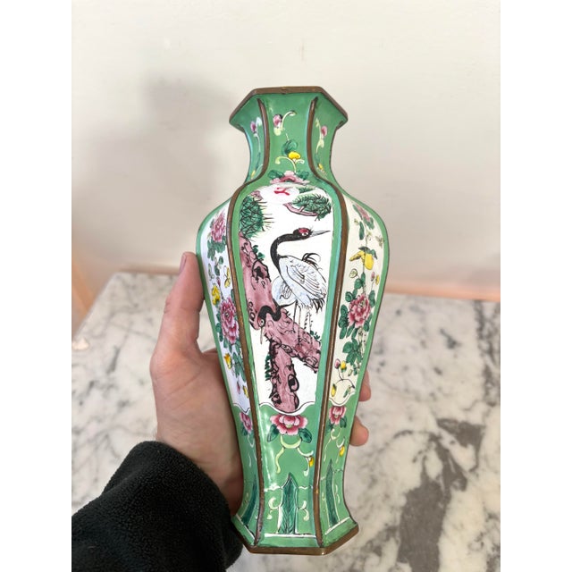 Chinese Canton Enamel Copper Hexagonal Vase With Bird and Floral Decorations For Sale - Image 4 of 5