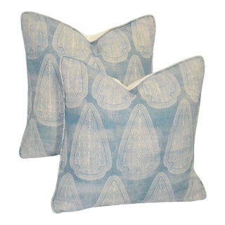 Light Blue Printed Linen Pillows With Down Inserts - a Pair For Sale