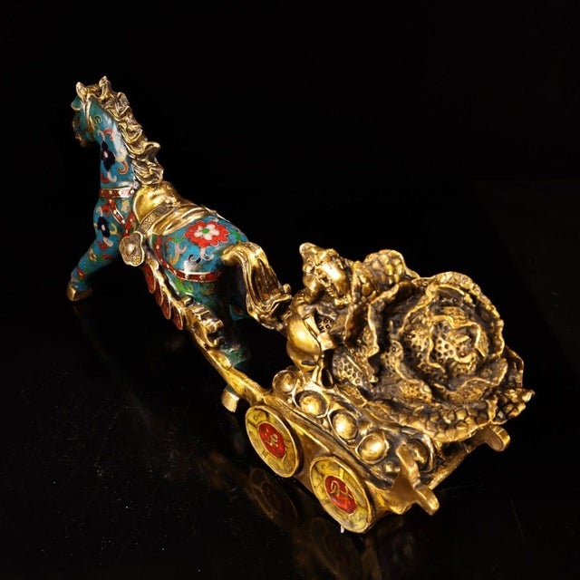 1990s Large Vintage Cloisonné Horse Pulling Treasure Cart - 15.7" Wide For Sale - Image 5 of 9